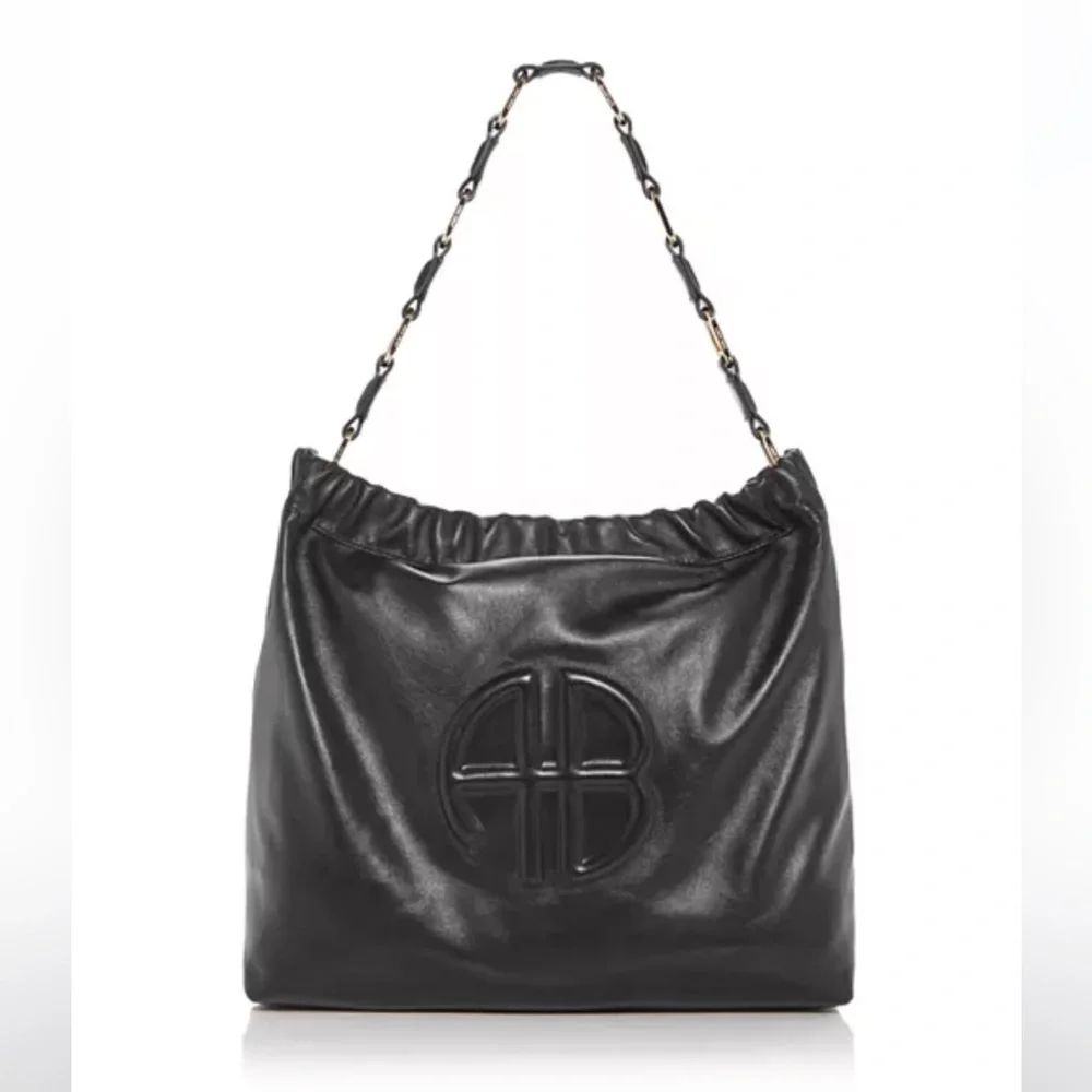 Anine Bing Black Leather Logo Hobo Bag with Gold Chain-Linked Strap